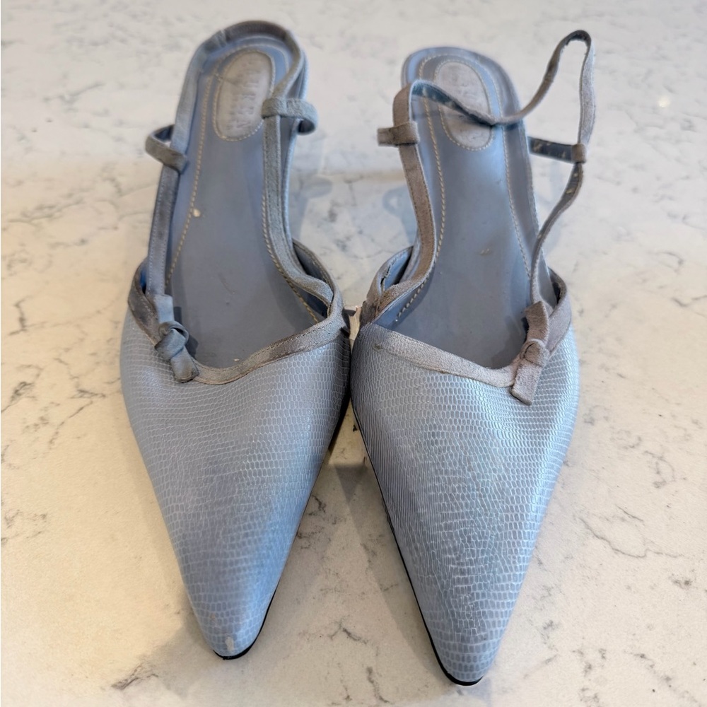 Vintage Suede Ralph Lauren Light Blue Kitten Heel Stillettos. Size 8.